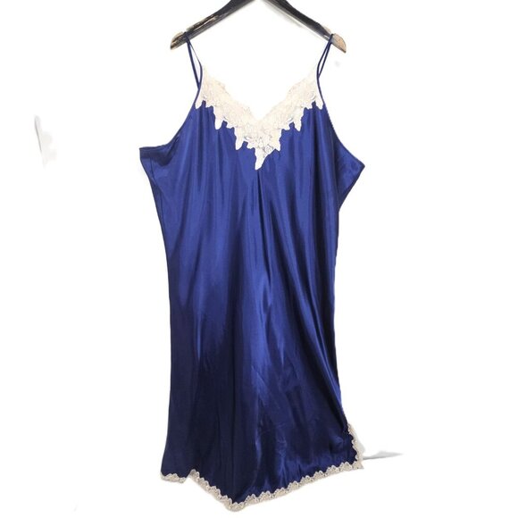 VTG Jacklyn Smith Royal Navy Lace Maxi Slip Satin Dress Plus Size 4X - Picture 1 of 7